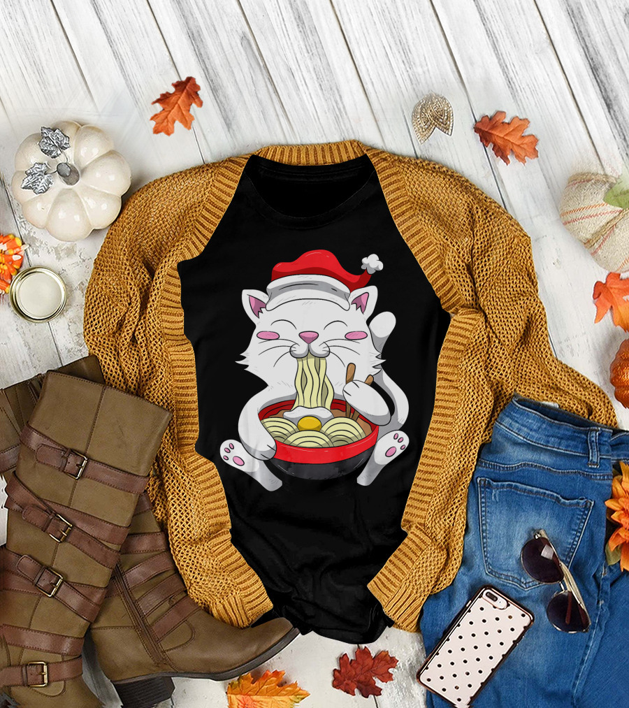 Anime Cat Santa Hat Eating Noodles Cute Kitten T-Shirt