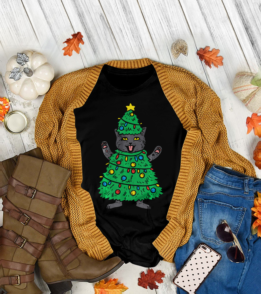 Meowy Black Cat Christmas Tree Funny Costume Holiday Humor T-Shirt