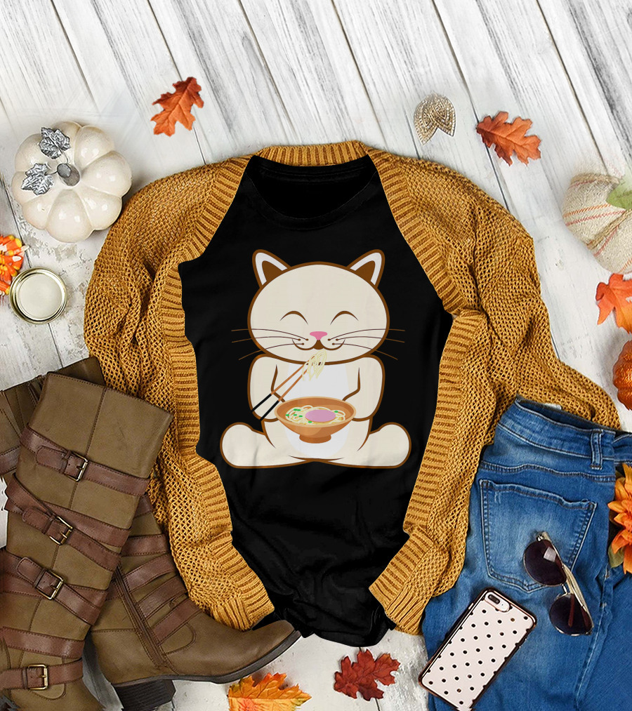 Kitten Eating Ramen Noodles Cool Cat Delight T-Shirt