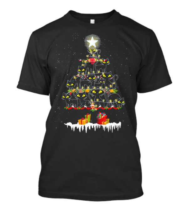 Cute Black Cat Christmas Light Kitten Christmas Tree Star T-Shirt