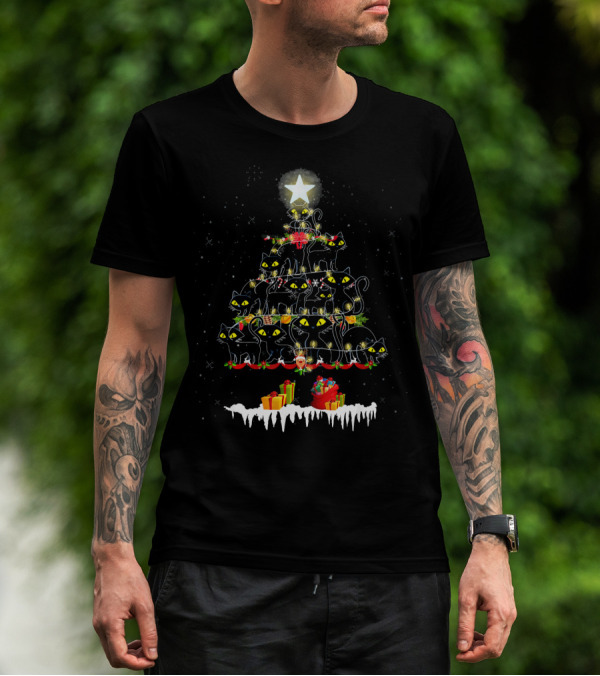 Cute Black Cat Christmas Light Kitten Christmas Tree Star T-Shirt