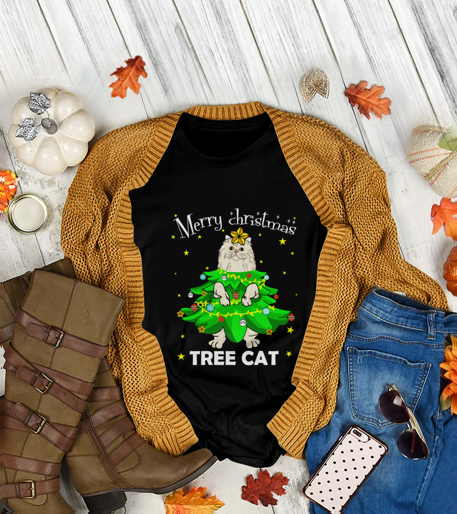 Merry Christmas Tree Cat Persian in Festive Holiday Decor T-Shirt