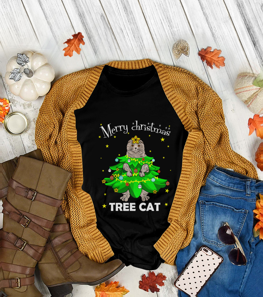 Merry Christmas Tree Cat Scottish Fold T-Shirt