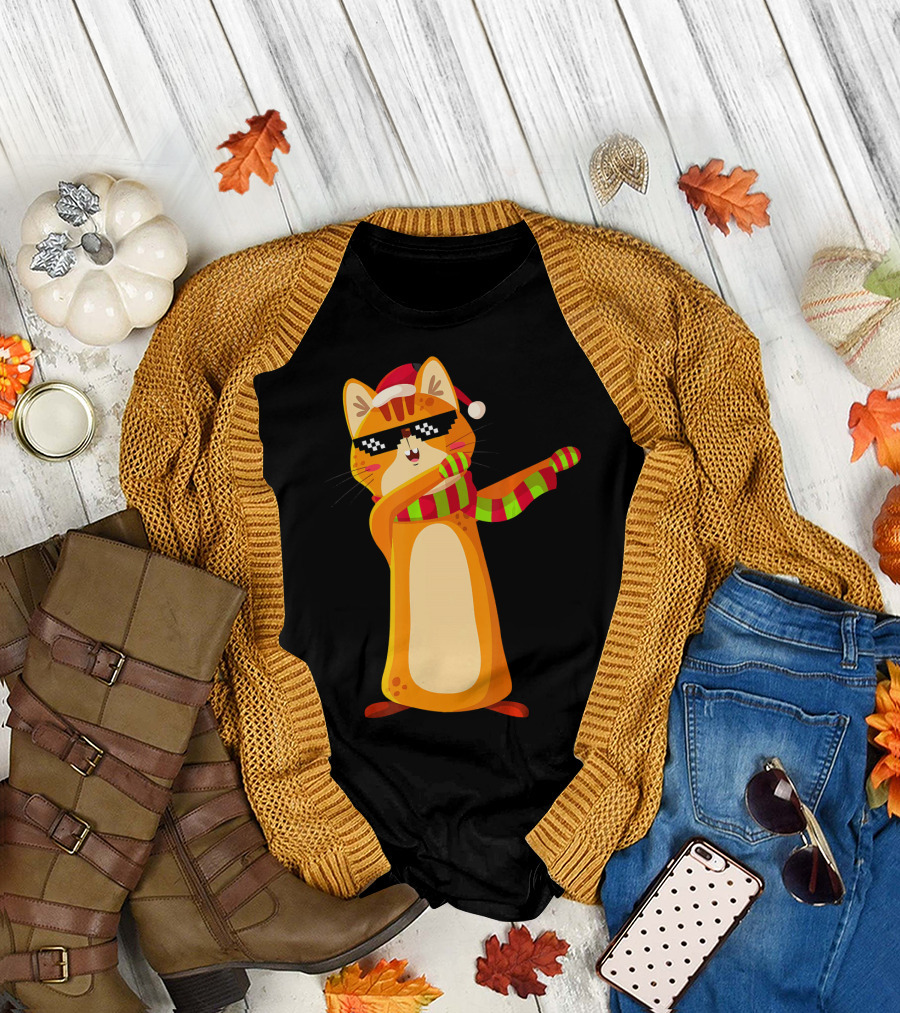 Christmas Dabbing Cat Kitten Santa Hat Sunglasses Striped Scarf T-Shirt