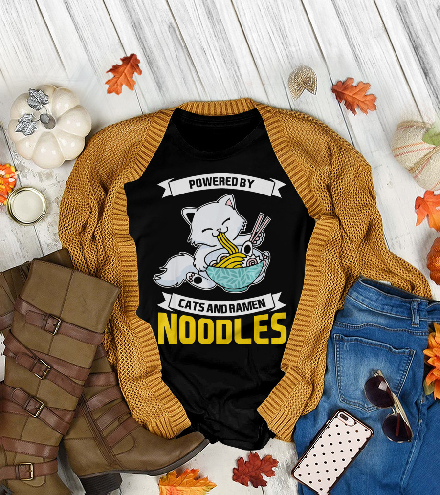 Powered By Cats And Ramen Noodles Japane Whiskered Delight Feasting Joyfully T-Shirt