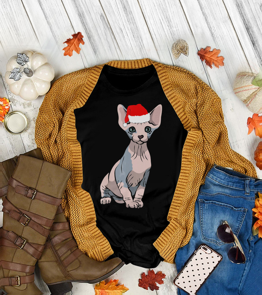 Santa Sphynx Cat Christmas Hat T-Shirt