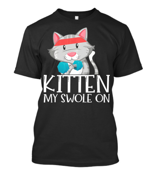 Kitten My Swole On Funny Kitty Cat Pun Red Headband Dumbbells T-Shirt
