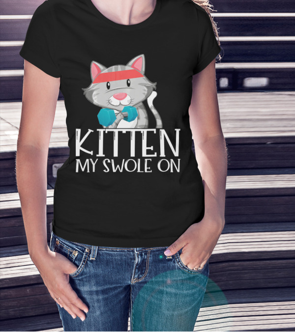Kitten My Swole On Funny Kitty Cat Pun Red Headband Dumbbells T-Shirt