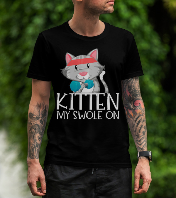 Kitten My Swole On Funny Kitty Cat Pun Red Headband Dumbbells T-Shirt