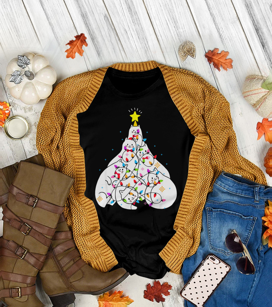 Cat Christmas Tree Kittens Festive Lights Star T-Shirt