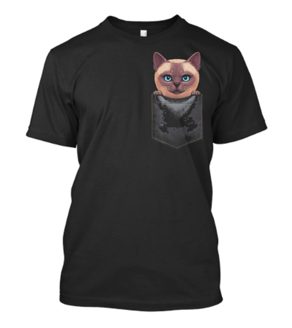 Siamese Cat Peeking From Black Chest Pocket T-Shirt