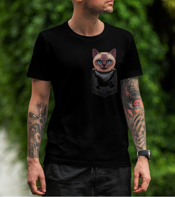 Siamese Cat Peeking From Black Chest Pocket T-Shirt