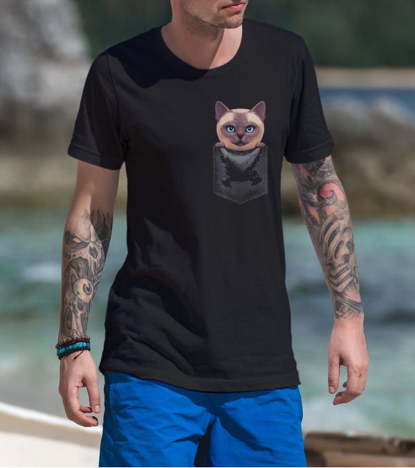 Siamese Cat Peeking From Black Chest Pocket T-Shirt