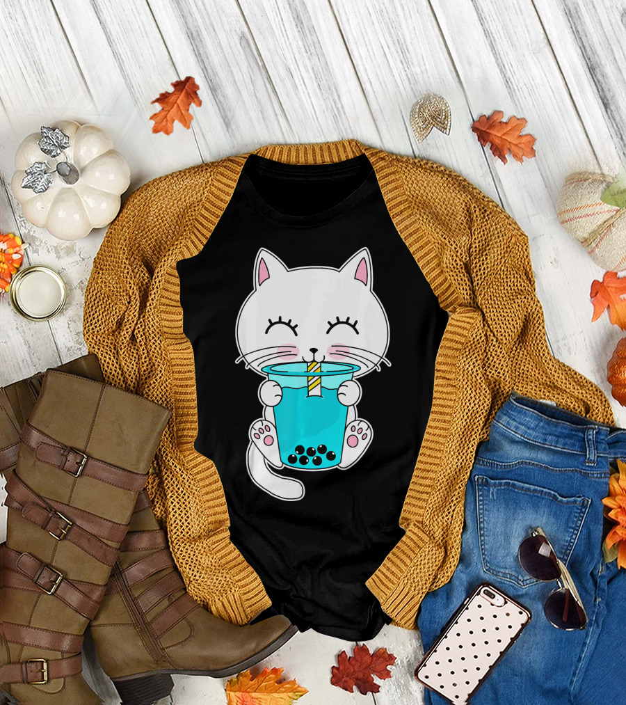Boba Cat Kitten Drinking Bubble Tea Cup T-Shirt