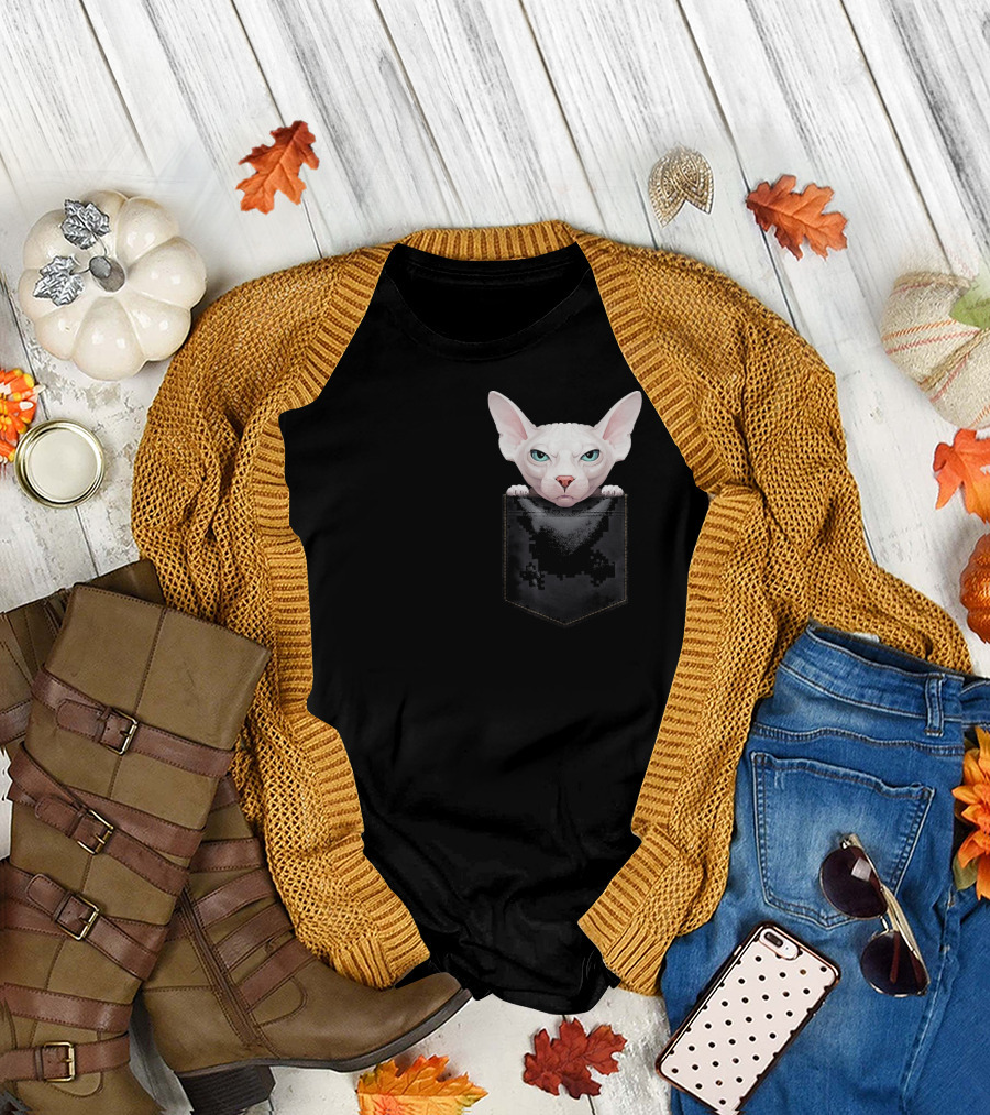 Sphynx Cat Peeking from Pixelated Pocket T-Shirt