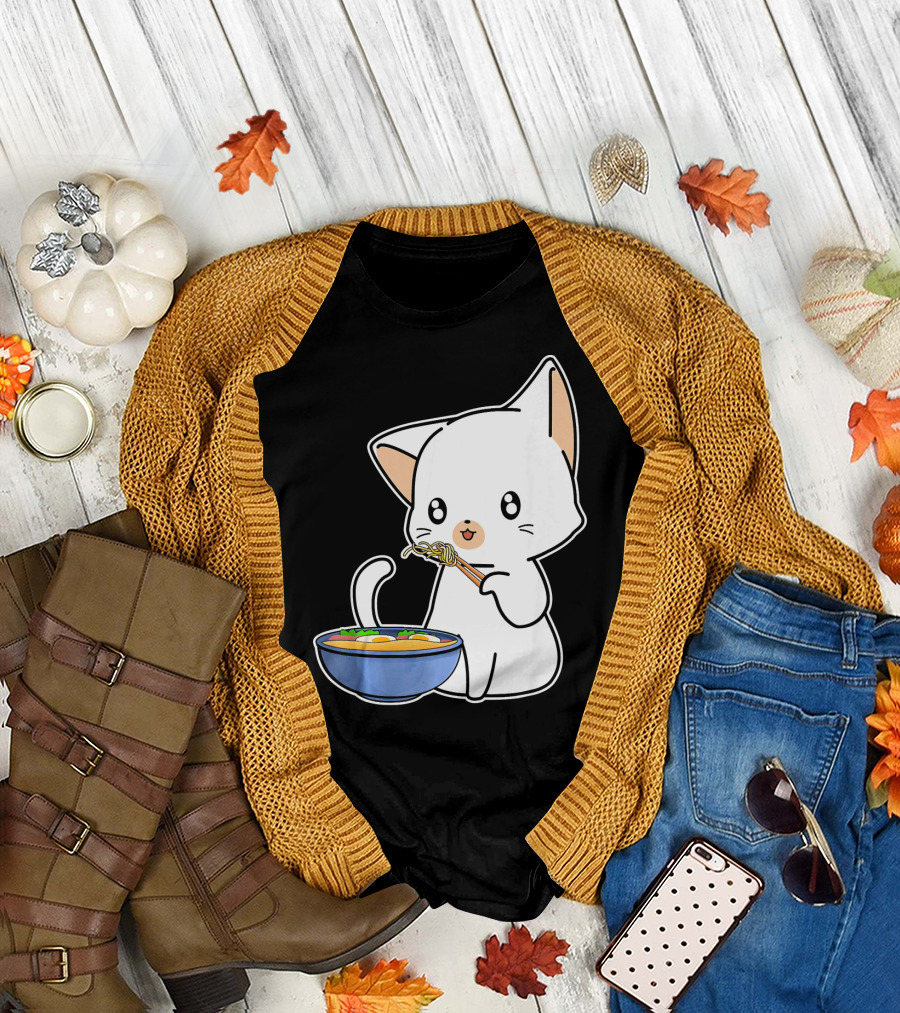 Kawaii Kitten Kitty Eating Ramen Noodles T-Shirt