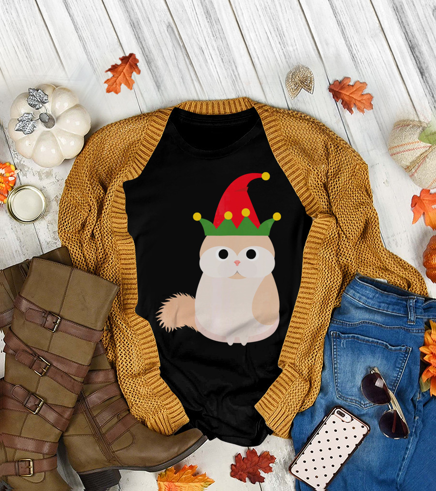 Funny Ugly White and Tan Persian Cat in Jester Hat T-Shirt