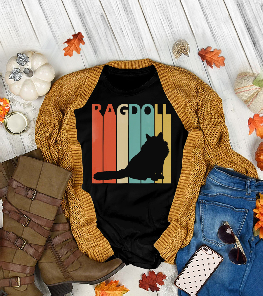 Ragdoll Cat Silhouette Vintage Style Stripes T-Shirt