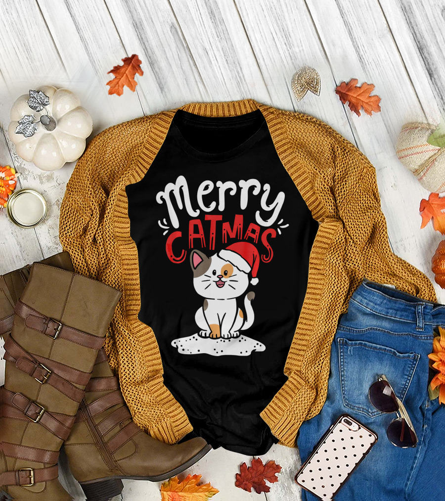 Merry Catmas Cute Kitten Santa Hat Christmas T-Shirt