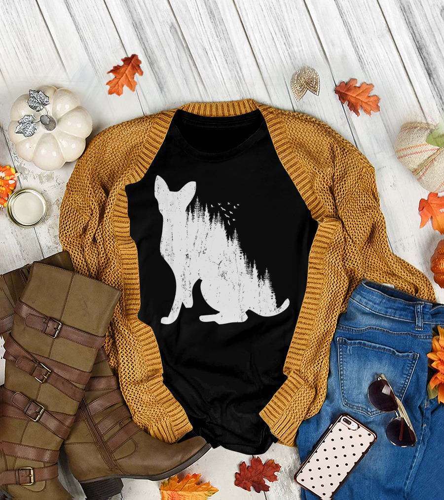 DEVON REX Cat Silhouette with Pine Forest and Birds Nature T-Shirt