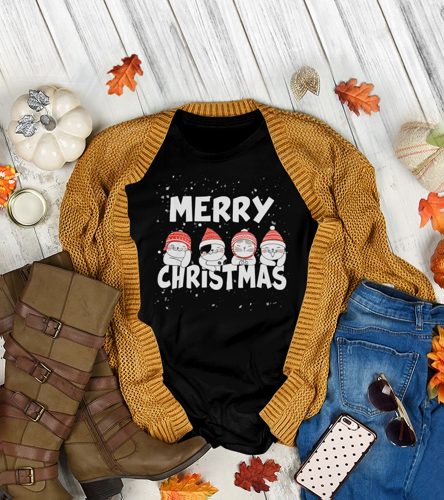 Merry Christmas Funny Snow Hats Cats Winter Festive T-Shirt