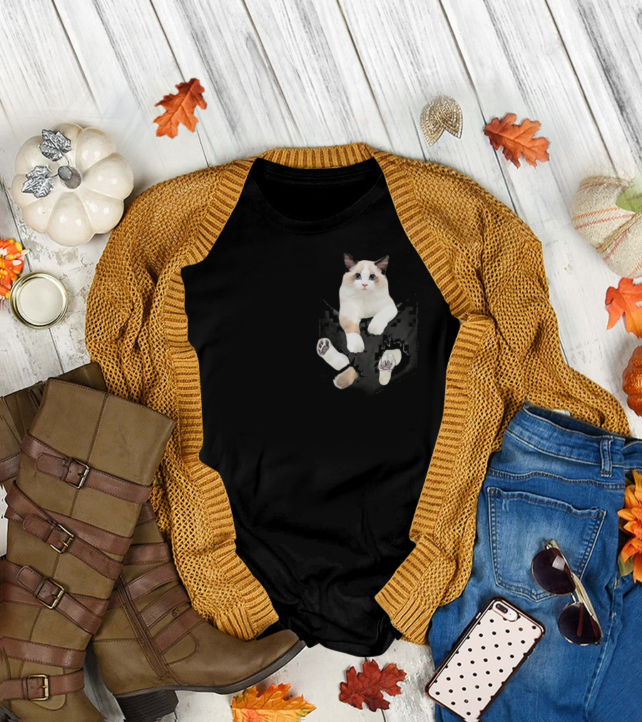 Funny Ragdoll Cat Peeking Out of Pocket T-Shirt