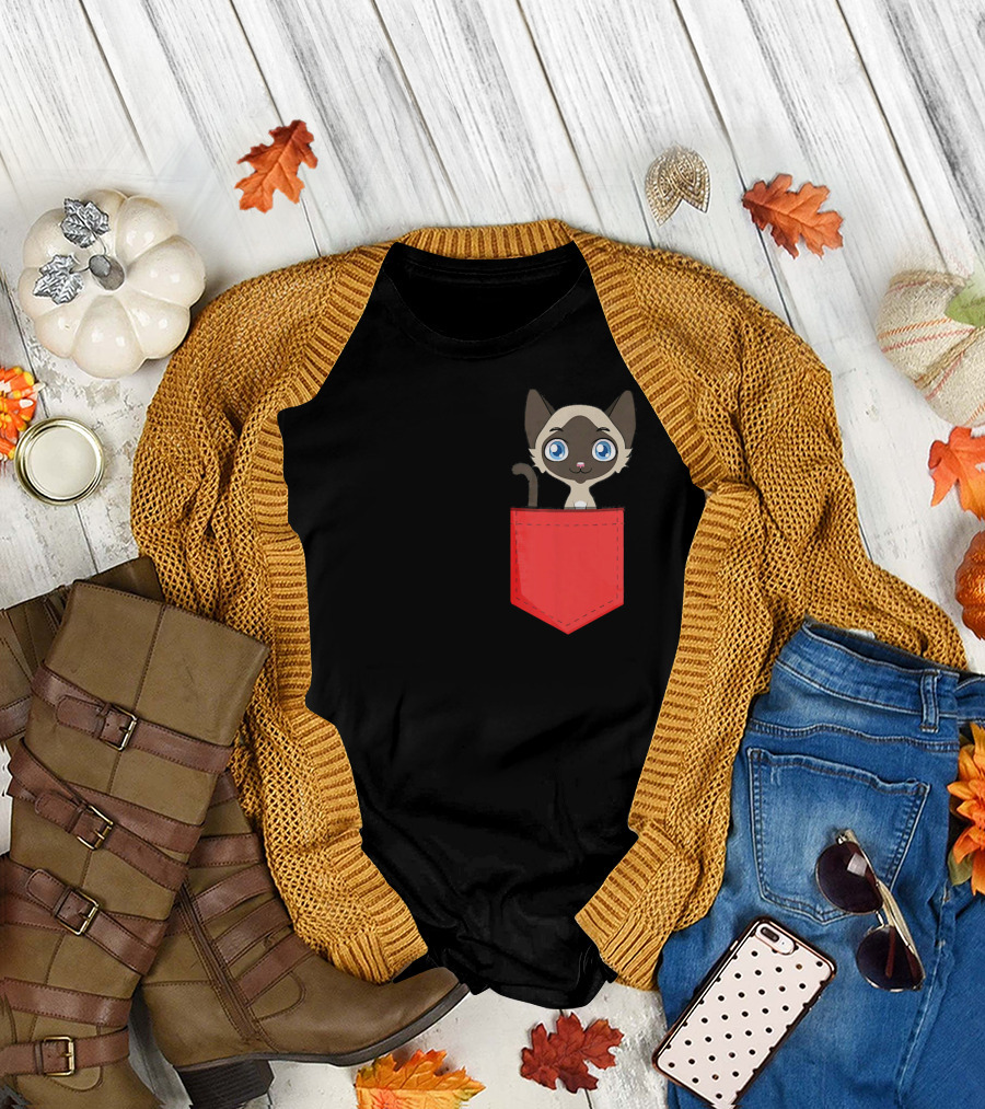 Cute Pocket Siamese Cat Black Red T-Shirt