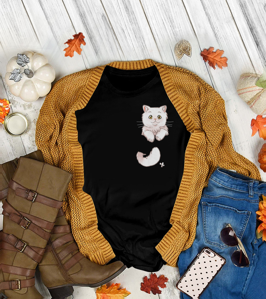 Pocket Cute Persian Cat Kitten Peeking Out with Playful Tail T-Shirt