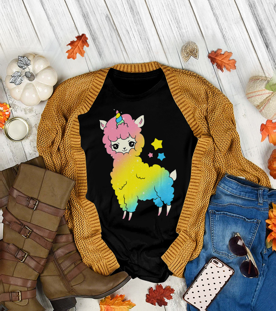 Cute Magical Llama Unicorn Rainbow Stars T-Shirt