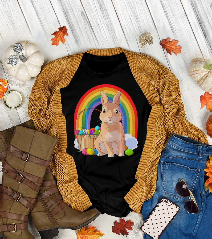 Bunny Rabbit Funny Kids Easter Rainbow Egg Basket T-Shirt
