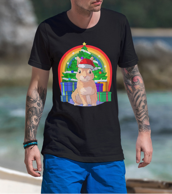 Christmas Bunny Rabbit Santa Hat Rainbow Tree T-Shirt