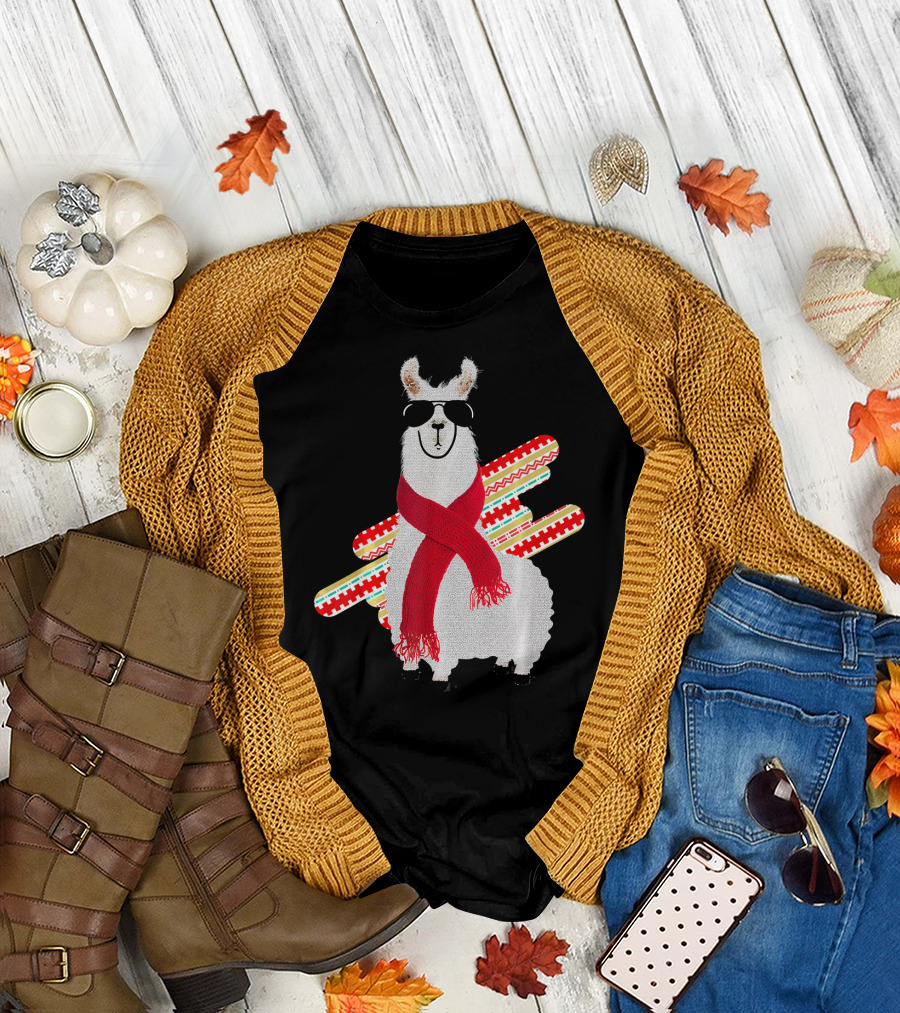 Skiing Llama Alpaca Sunglasses Red Scarf Winter T-Shirt