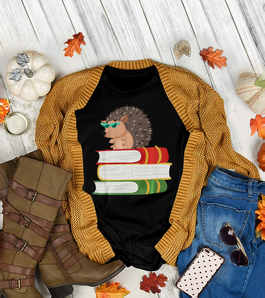 Cute Hedgehog Wearing Sunglasses on Stack of Colorful Books T-Shirt