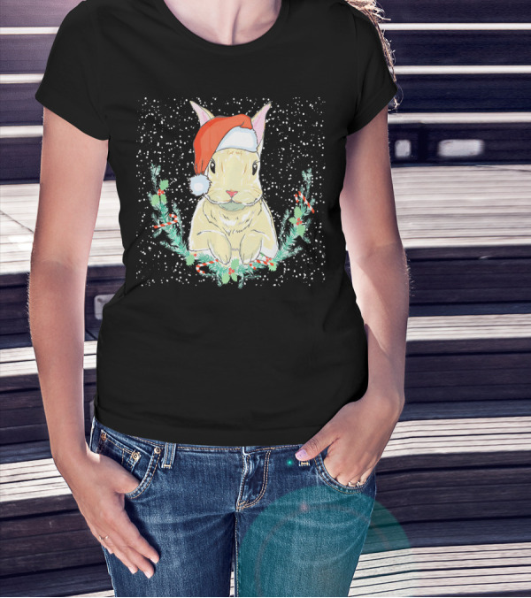 Bunny Rabbit With Santa Hat In Christmas Wreath T-Shirt