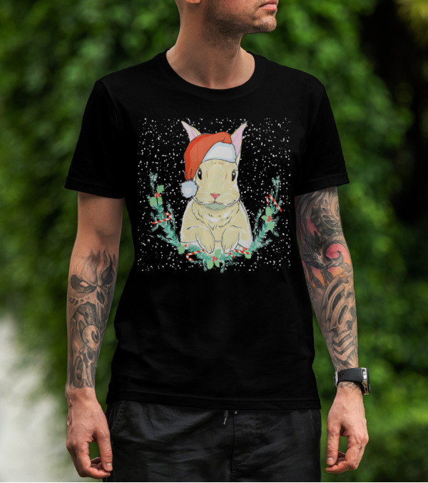 Bunny Rabbit With Santa Hat In Christmas Wreath T-Shirt