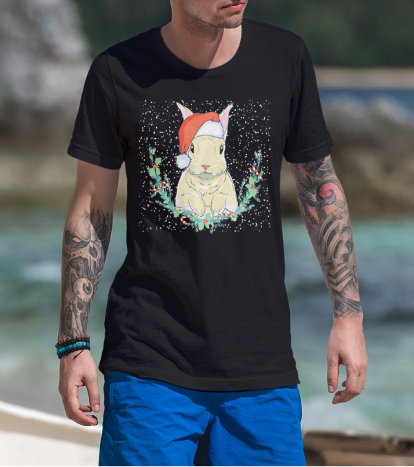 Bunny Rabbit With Santa Hat In Christmas Wreath T-Shirt