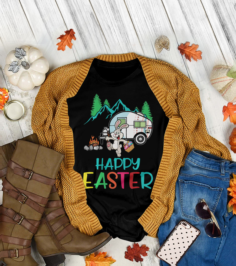 Happy Easter Camping Bunny with Egg and Fire T-Shirt