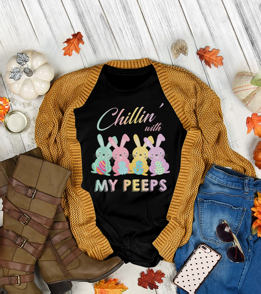 Chillin' With My Peeps Pastel Easter Bunnies with Colorful Eggs T-Shirt