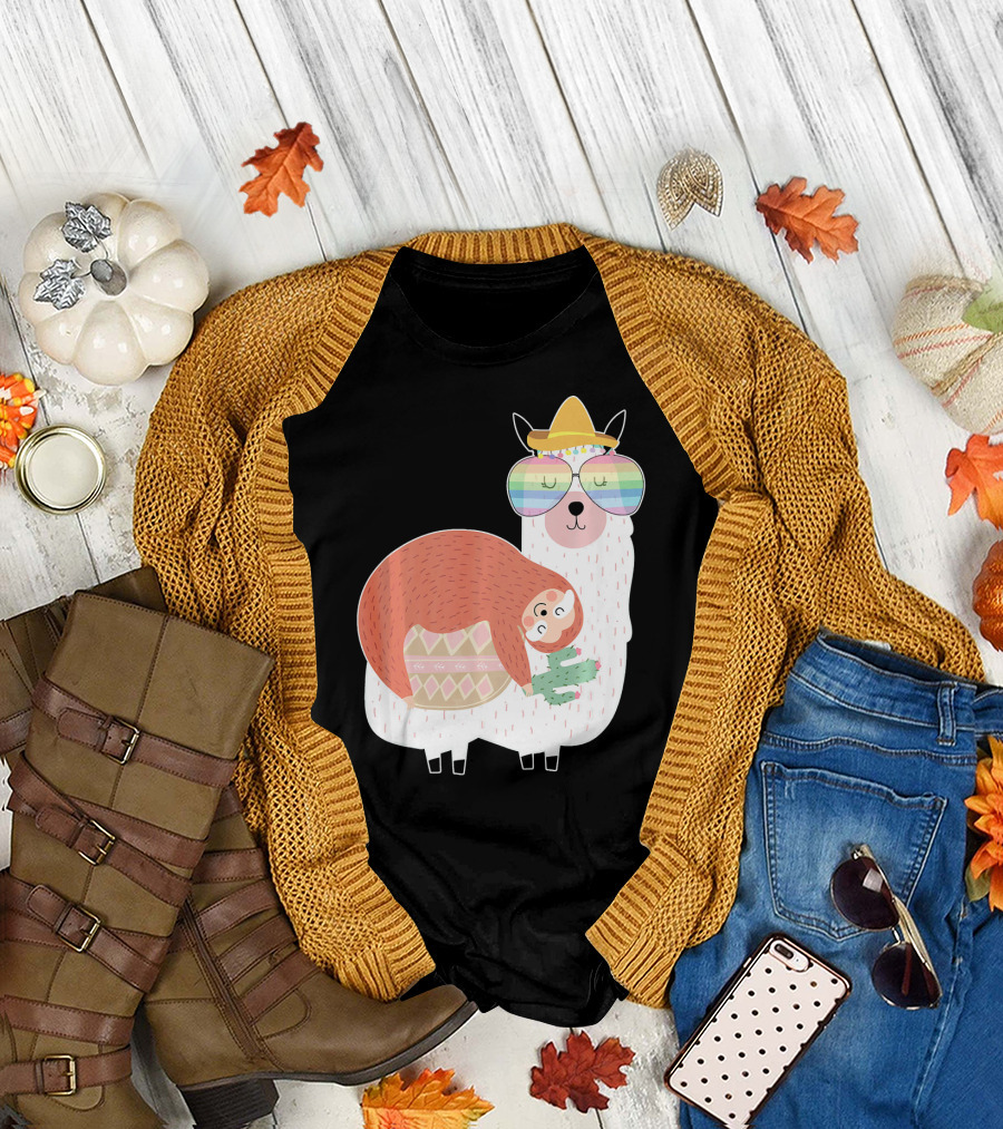 Cute Llama (Alpaca) And Sloth Best Friends Rainbow Glasses Hat T-Shirt