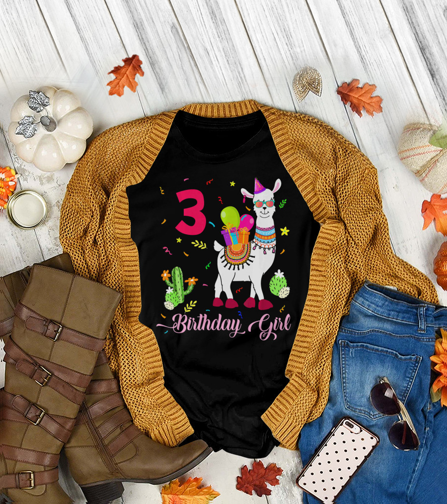 3rd Birthday Girl Cute Alpaca Llama with Cactus and Gifts T-Shirt