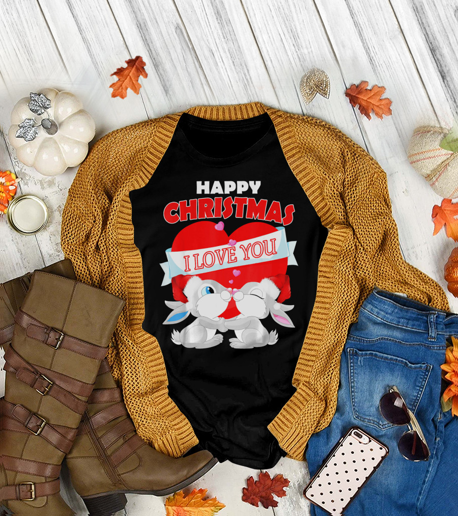 Happy Christmas I Love You Cute Santa Couple Rabbits T-Shirt