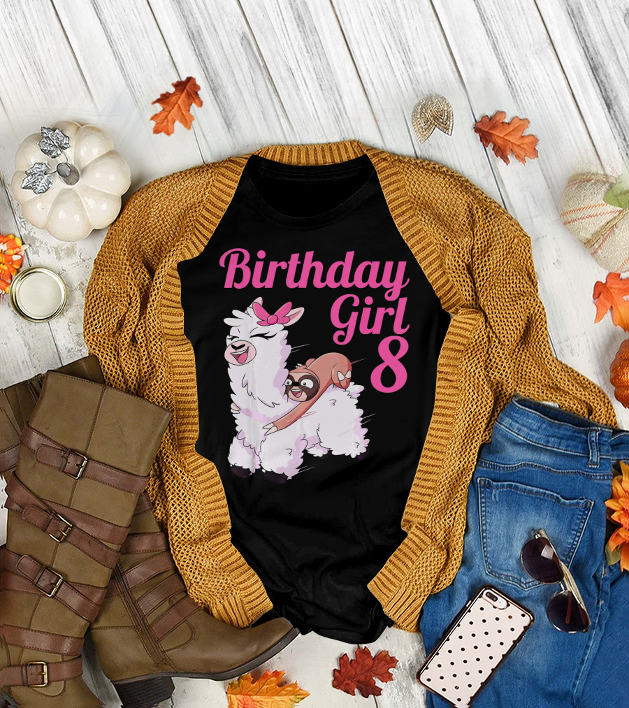 Birthday Girl 8 Year Old Sloth Llama Balloon T-Shirt