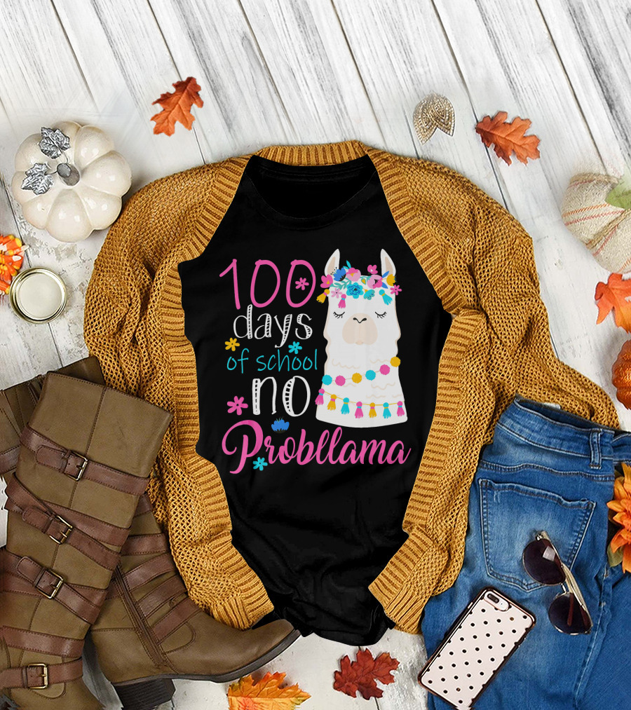 100 Days of School Llama No Probllama with Colorful Flower Crown and Tassels T-Shirt