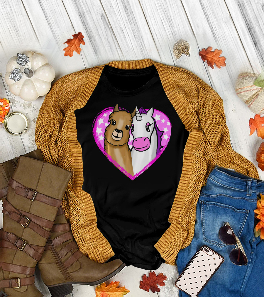 Cute Llama Alpaca and Unicorn in Pink Star Heart T-Shirt