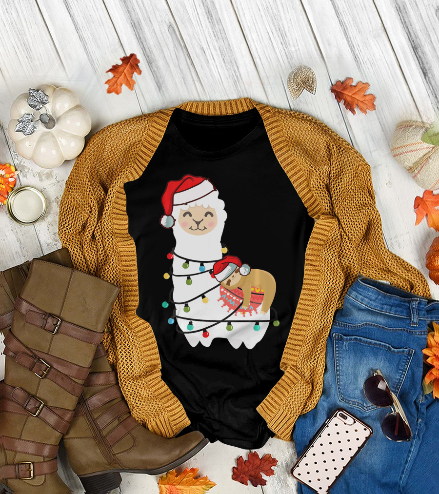 Cute Sloth Sleeping on Llama Alpaca with Christmas Lights and Santa Hats T-Shirt