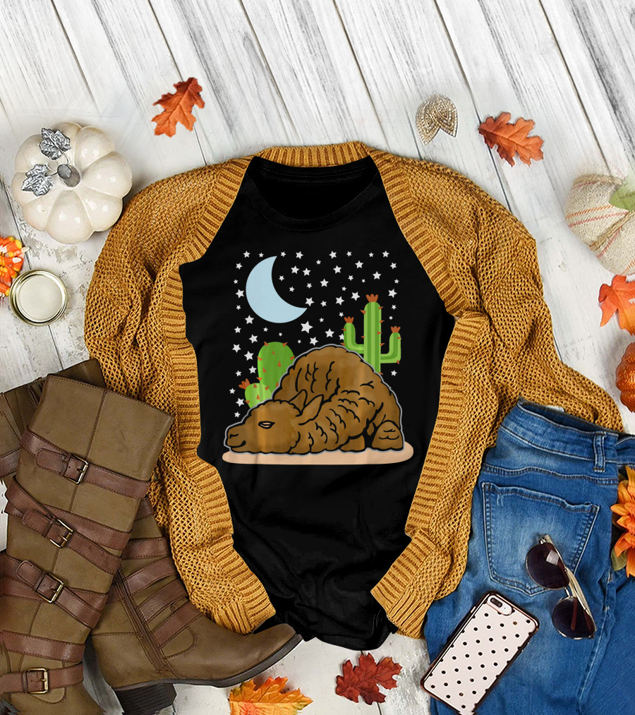 Sleeping Llama Under Moon and Stars with Cacti T-Shirt