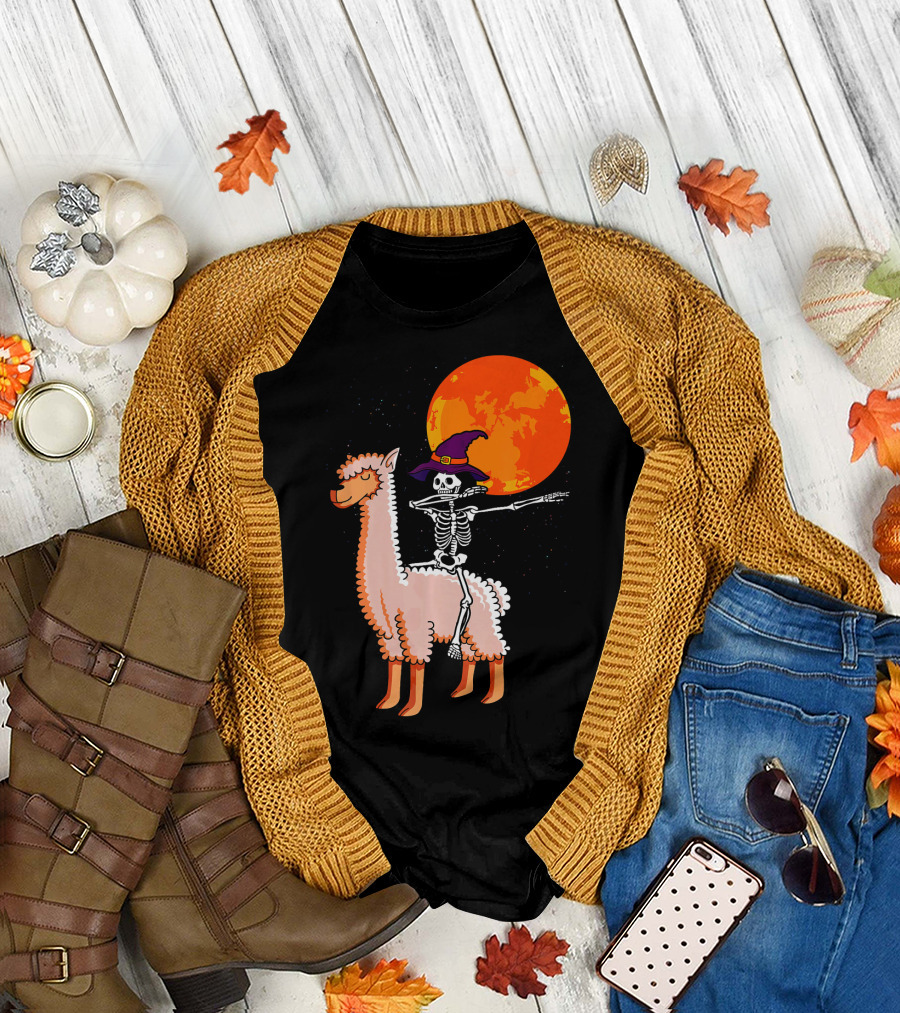 Alpaca Llama Halloween Costume Cute Dabbing Skeleton Witch Moon T-Shirt