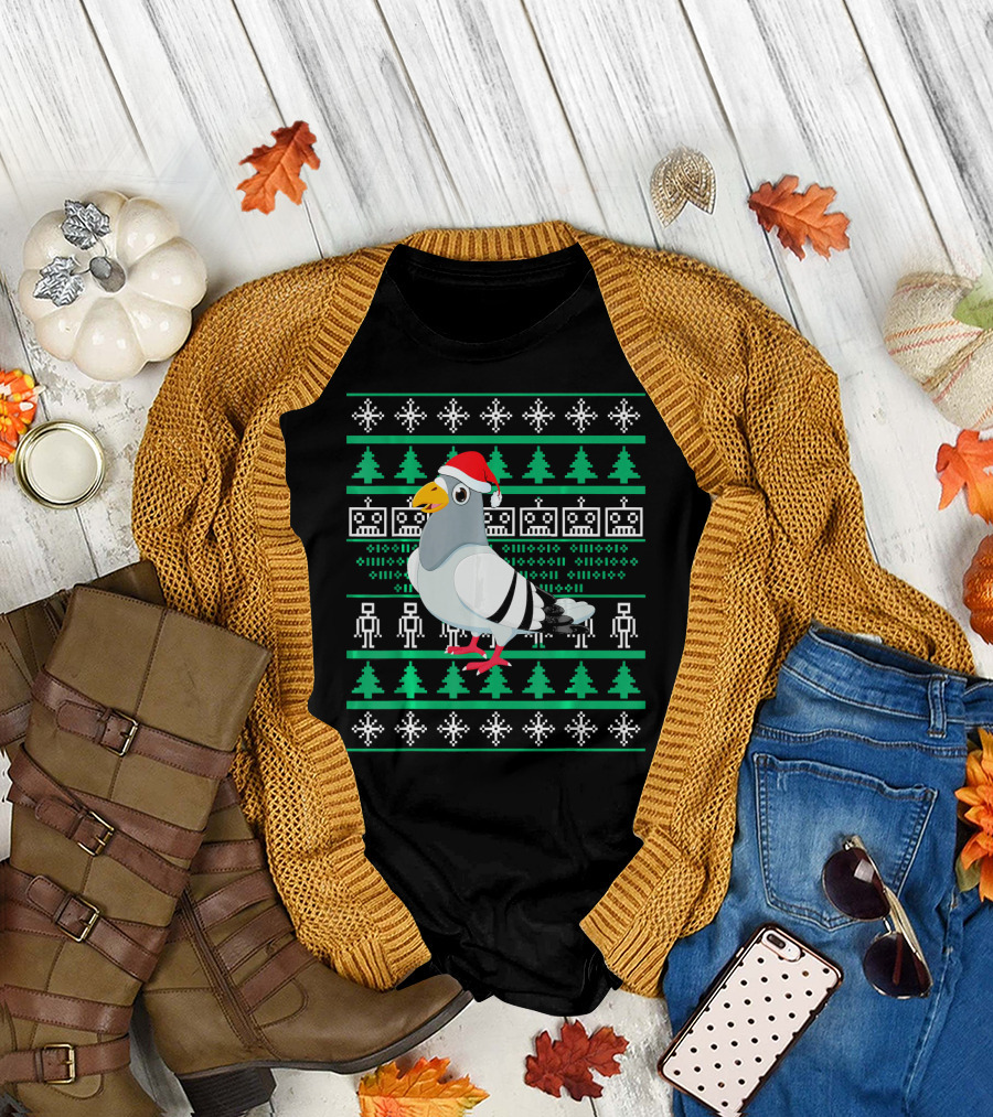 Christmas Pigeon Santa Hat Snowflakes Trees T-Shirt