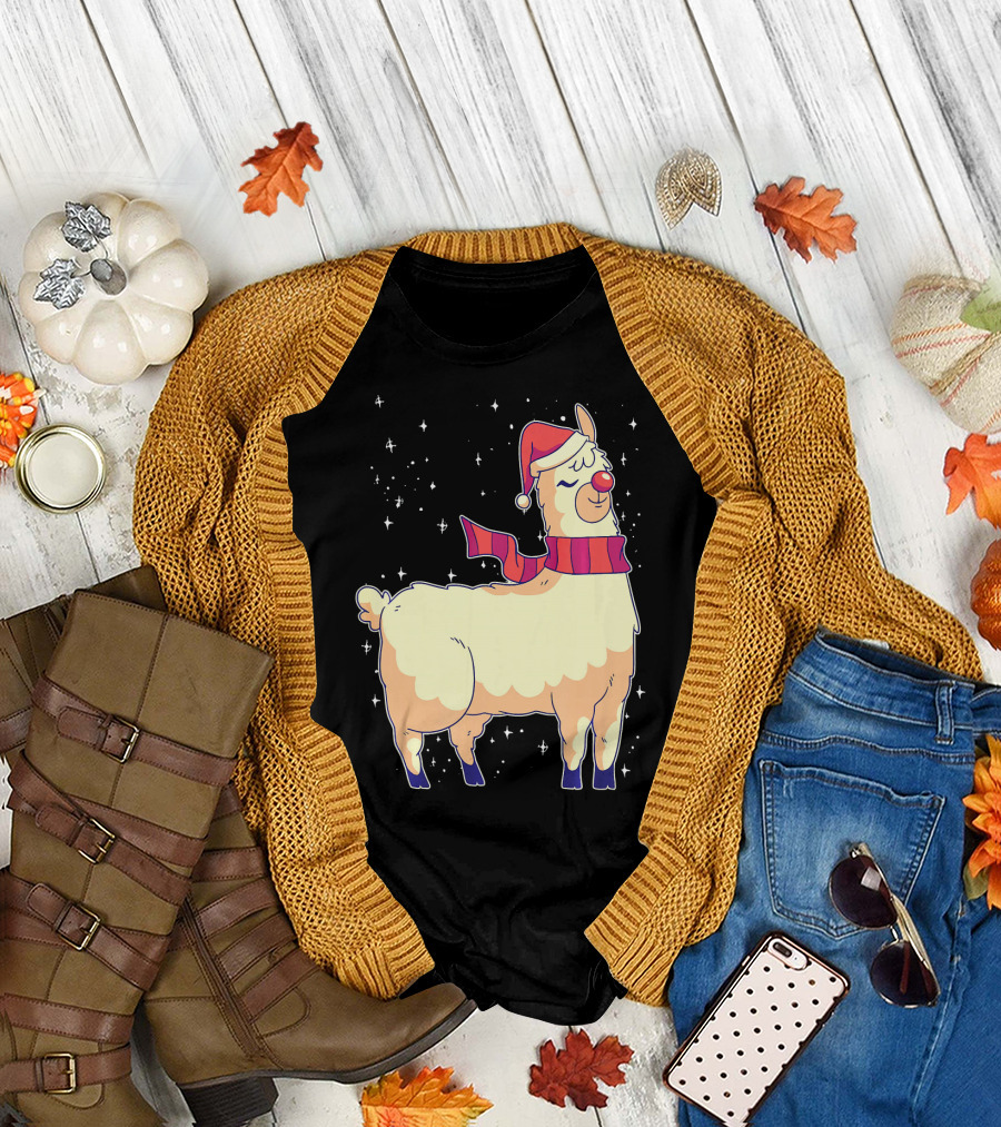 Christmas Llama Santa Hat Funny Alpaca with Scarf and Sparkling Stars T-Shirt