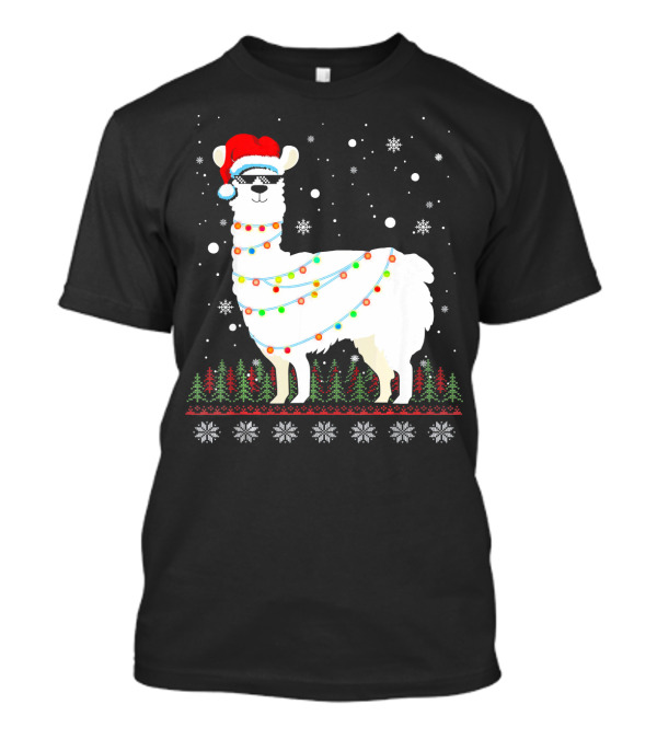 Christmas Llama Santa Hat Glasses Ugly Sweater Lights Snowflakes Trees T-Shirt